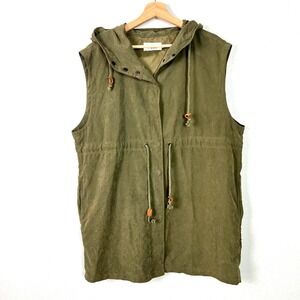 P.Cill Womens Olive Green Microsuede Tunic Vest Hooded Drawstring Waist Size S/M